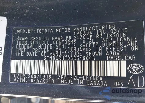 2016 Toyota Corolla Le z USA, uszkodzony, nr VIN 2T1BURHE0GC648665